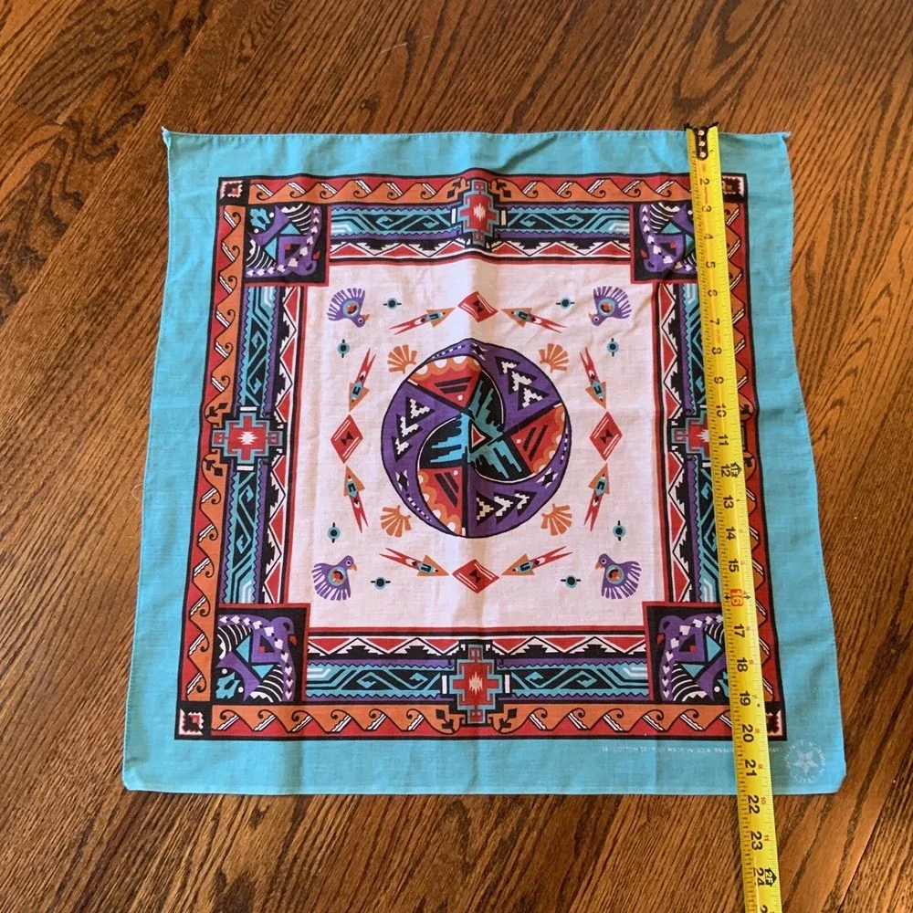 Vtg Wamcraft Bandana Southwest Aztec Teal Purple Black‎ Rare Print Made In USA